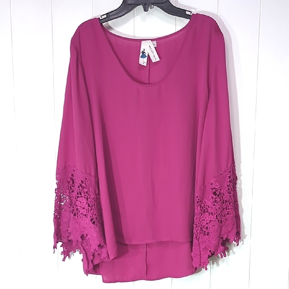 Women’s Crochet-Sleeve Blouse - Fuchsia